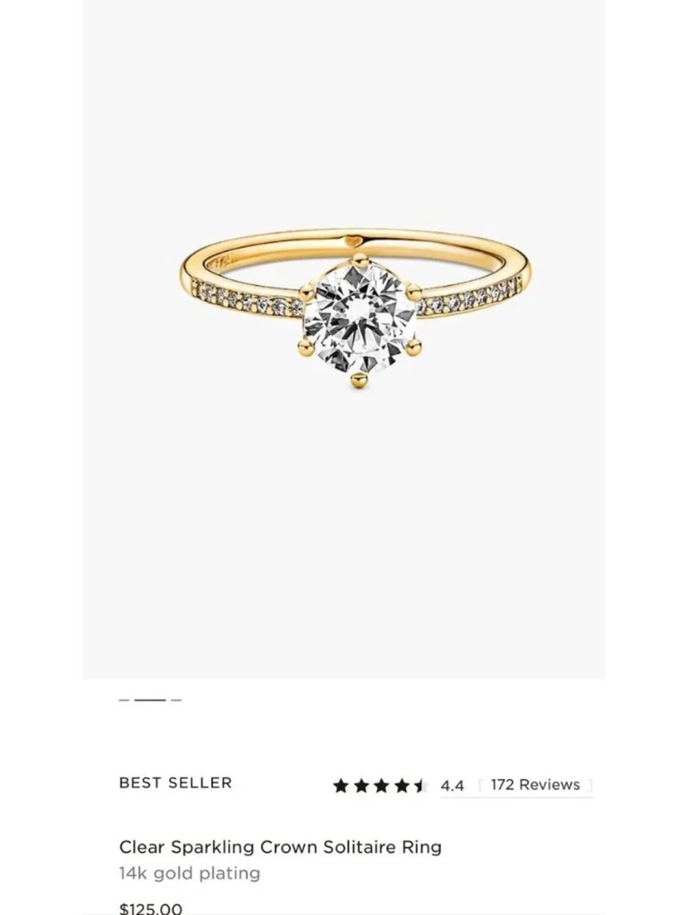 Pandora Clear Sparkling Crown Solitaire Ring Gold Plating Size 4.75